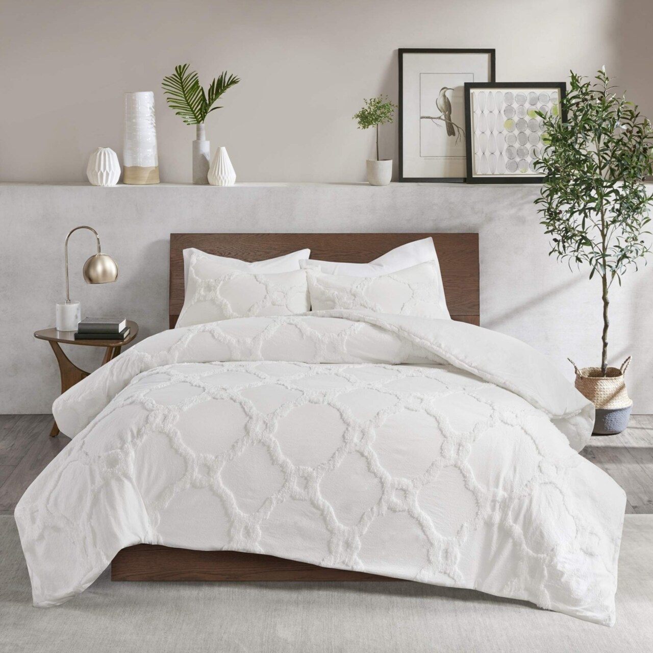 Madison Park Pacey 3 Piece Tufted Cotton Chenille Geometric Comforter Set White Full/Queen
